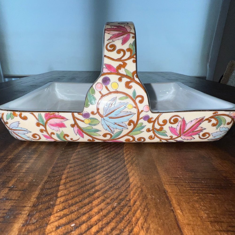 Macau H.F.P. Ceramic Dish, Basket Design with Handle, Multi-Colored Floral, EC